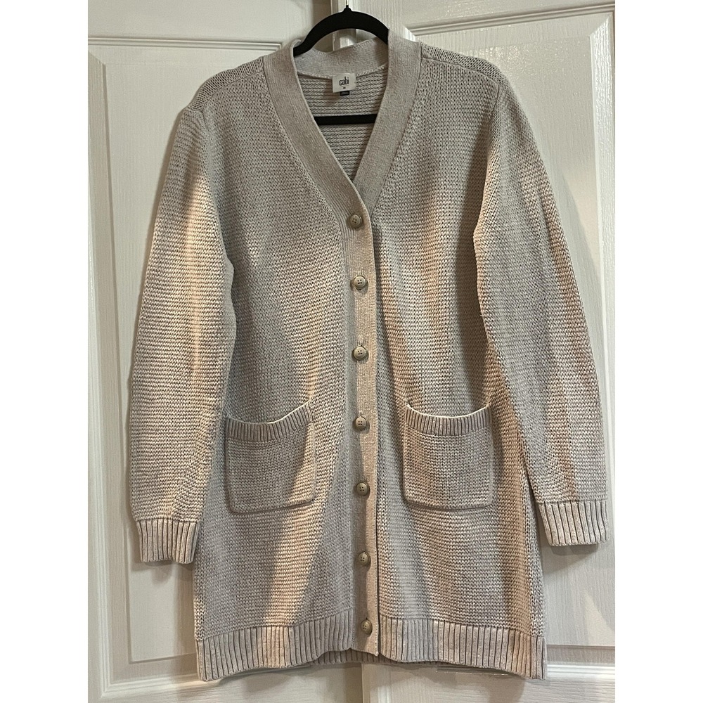 Cabi Cardigan Sweater Womens‎ M Beige Button Front Longline Pockets Ribbed Knit